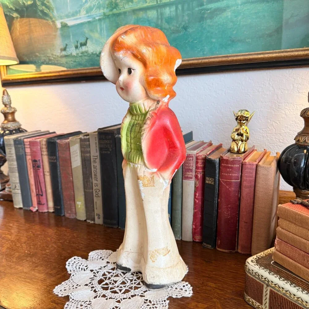 1930s Large Chalkware Carnival Prize Young girl with hat statue
